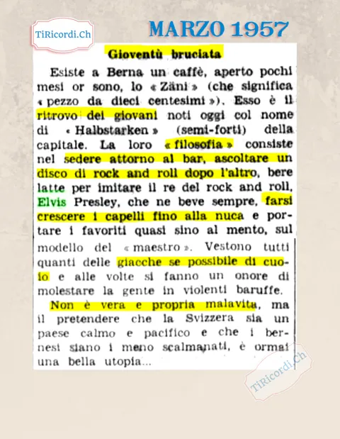 Gioventù bruciata: al caffè Zäni di Berna i giovani Halbstarken siedono attorno al bar, ascoltano un disco di rock and roll dopo l'altro e bevono latte per imitare Elvis Presley, 1957