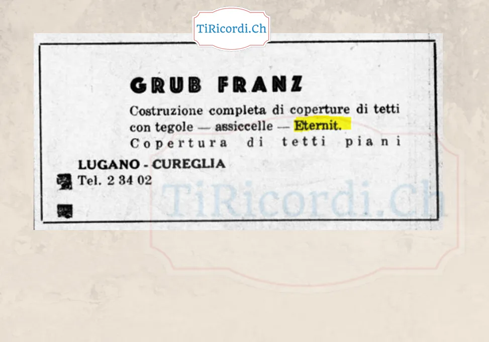 Grub Franz, costruzione completa di coperture di tetti con tegole, assicelle ed Eternit, copertura di tetti piani: Lugano-Cureglia, 1948