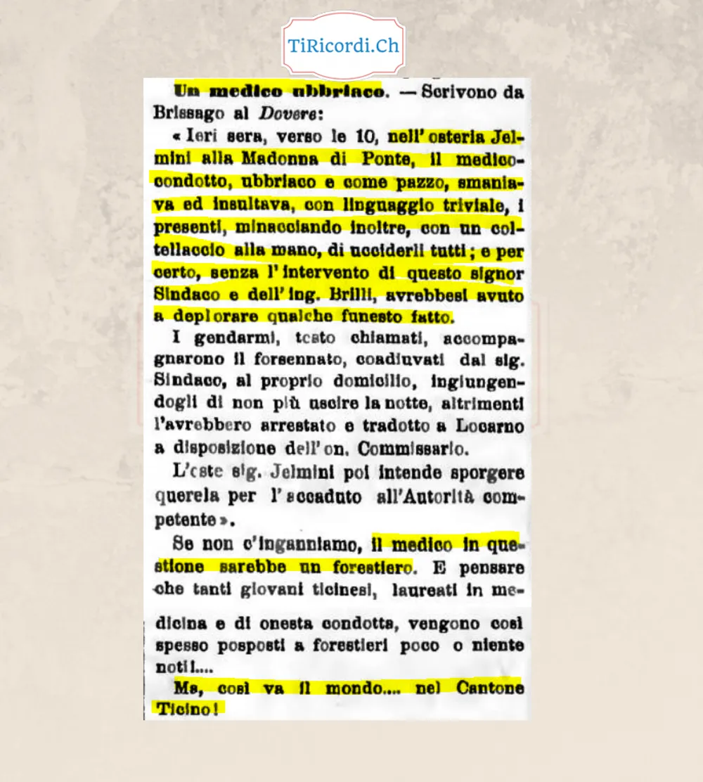 Il medico condotto di Brissago ubriaco all'osteria minaccia tutti col coltellaccio, 1898