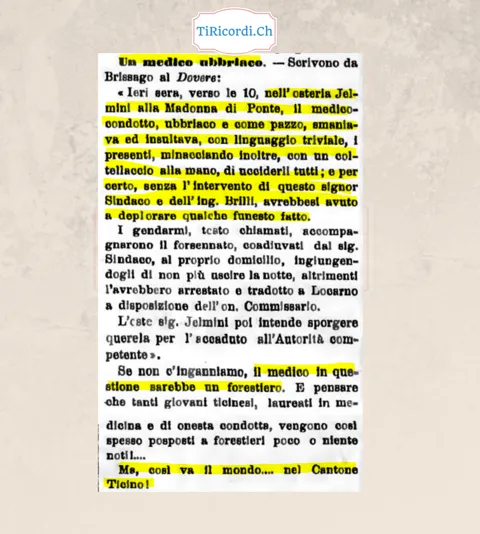 Il medico condotto di Brissago ubriaco all'osteria minaccia tutti col coltellaccio, 1898