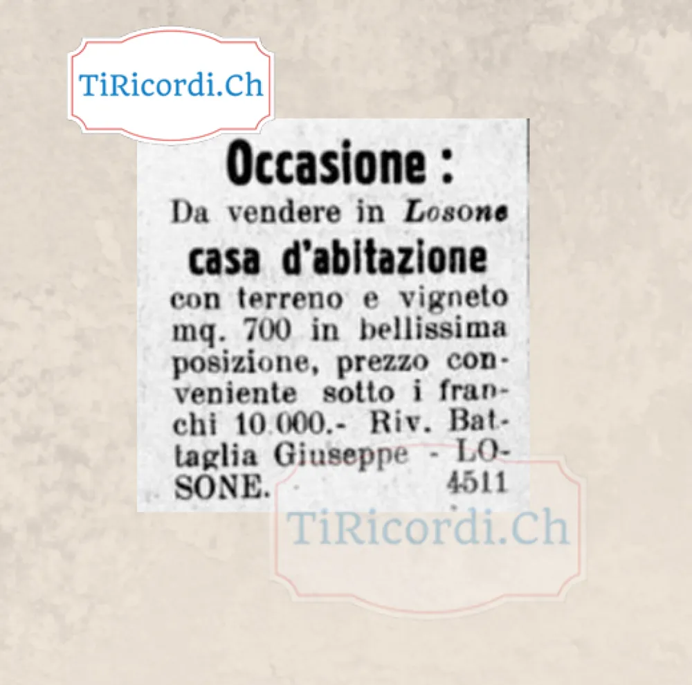 Occasione: da vendere in Losone casa d'abitazione con terreno e vigneto di 700 metri quadrati in bellissima posizione, prezzo conveniente sotto i 10.000 franchi, 1938