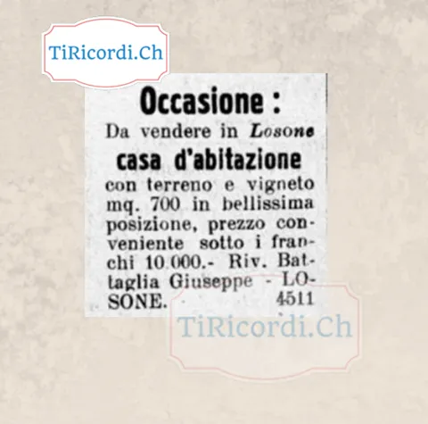 Occasione: da vendere in Losone casa d'abitazione con terreno e vigneto di 700 metri quadrati in bellissima posizione, prezzo conveniente sotto i 10.000 franchi, 1938