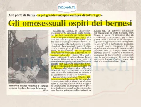 Gli omosessuali ospiti dei bernesi: alle porte di Berna la piu grande tendopoli europea di cultura gay, 1988
