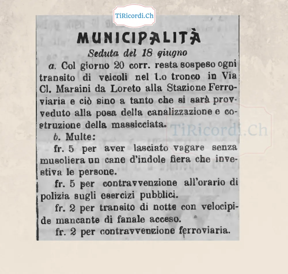 Municipalità di Lugano: chiusa via Maraini per i lavori, e multe da 2 a 5 franchi per cane senza museruola e velocipede senza fanale, 1909