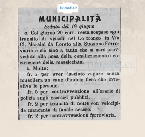 Municipalità di Lugano: chiusa via Maraini per i lavori, e multe da 2 a 5 franchi per cane senza museruola e velocipede senza fanale, 1909