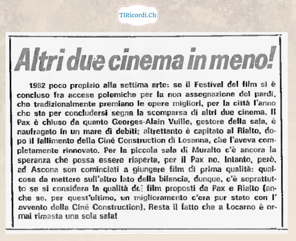 Altri due cinema in meno: a Locarno resta una sola sala, dicembre 1982