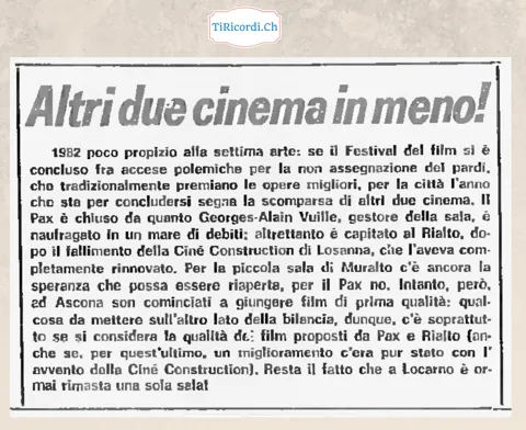 Altri due cinema in meno: a Locarno resta una sola sala, dicembre 1982