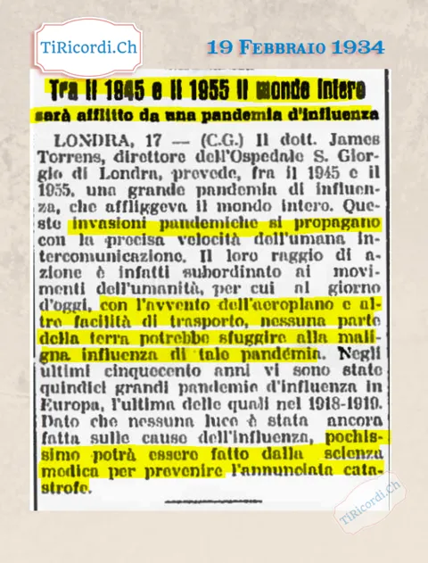 Tra il 1945 e il 1955 il mondo intero sarà afflitto da una pandemia d'influenza: con l'avvento dell'aeroplano nessuna parte della terra potrebbe sfuggirle, 1934