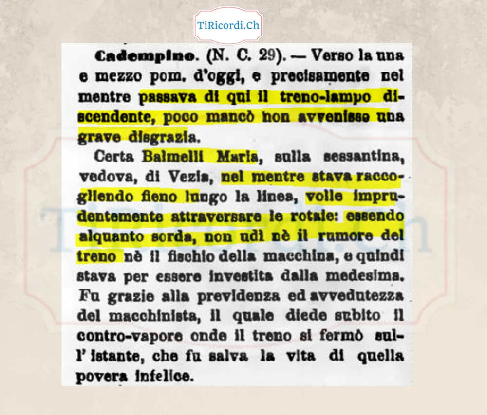 Sorda, raccoglieva fieno lungo i binari: il treno lampo si ferma a un passo da lei, Cadempino 1898