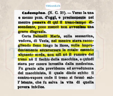 Sorda, raccoglieva fieno lungo i binari: il treno lampo si ferma a un passo da lei, Cadempino 1898