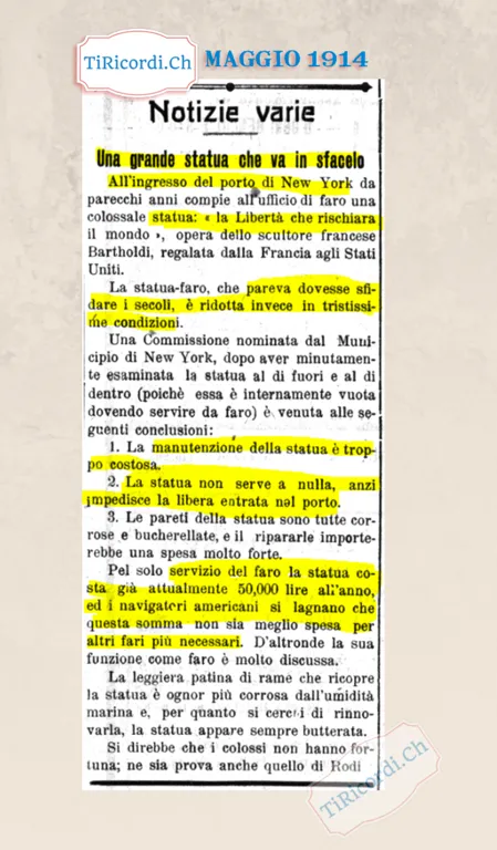 Una grande statua che va in sfacelo: la Libertà di New York non serve a nulla e costa 50 000 lire l'anno, 1914