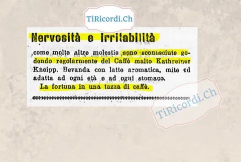 Nervosità e irritabilità, come molte altre molestie, sono sconosciute godendo regolarmente del caffè malto Kathreiner Kneipp: la fortuna in una tazza di caffè, 1929