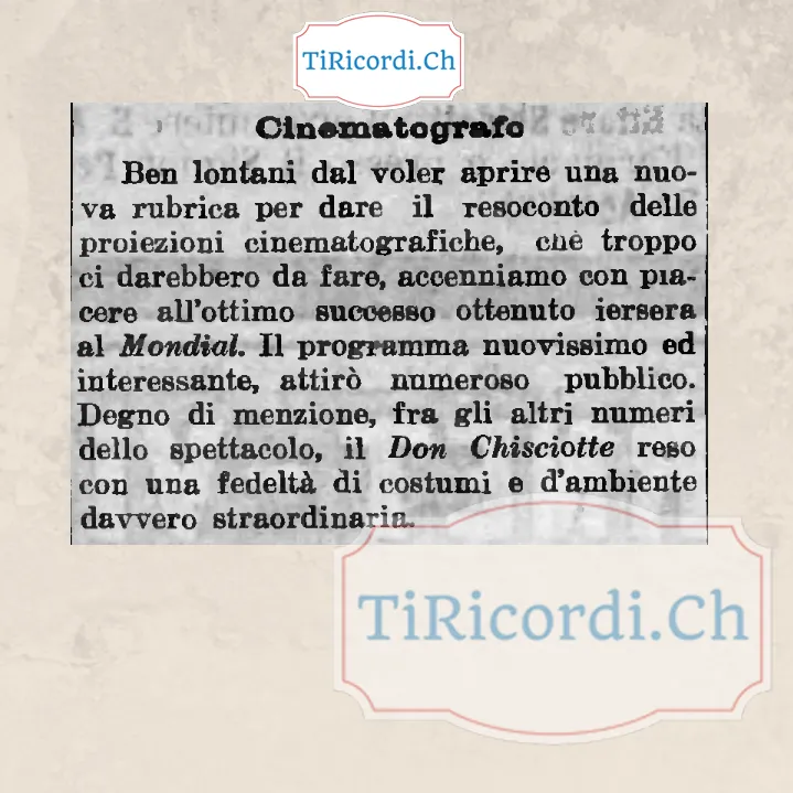 Cinematografo: ottimo successo al Mondial, con un Don Chisciotte di fedeltà davvero straordinaria, 1909