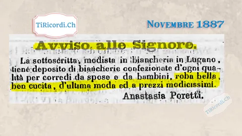 Avviso alle signore: corredi da spose e da bambini a prezzi modicissimi, 1887