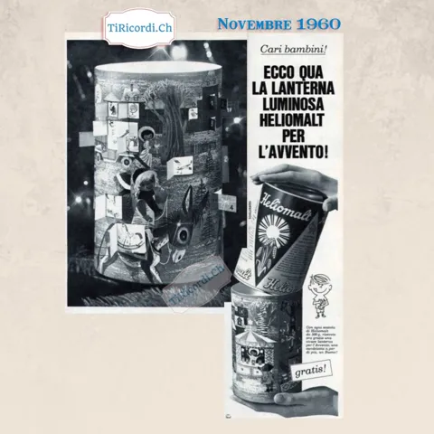 Cari bambini! Ecco qua la lanterna luminosa Heliomalt per l'Avvento: con ogni scatola da 500 grammi ricevete gratis una vivace lanterna, una candeletta e un buono, 1960