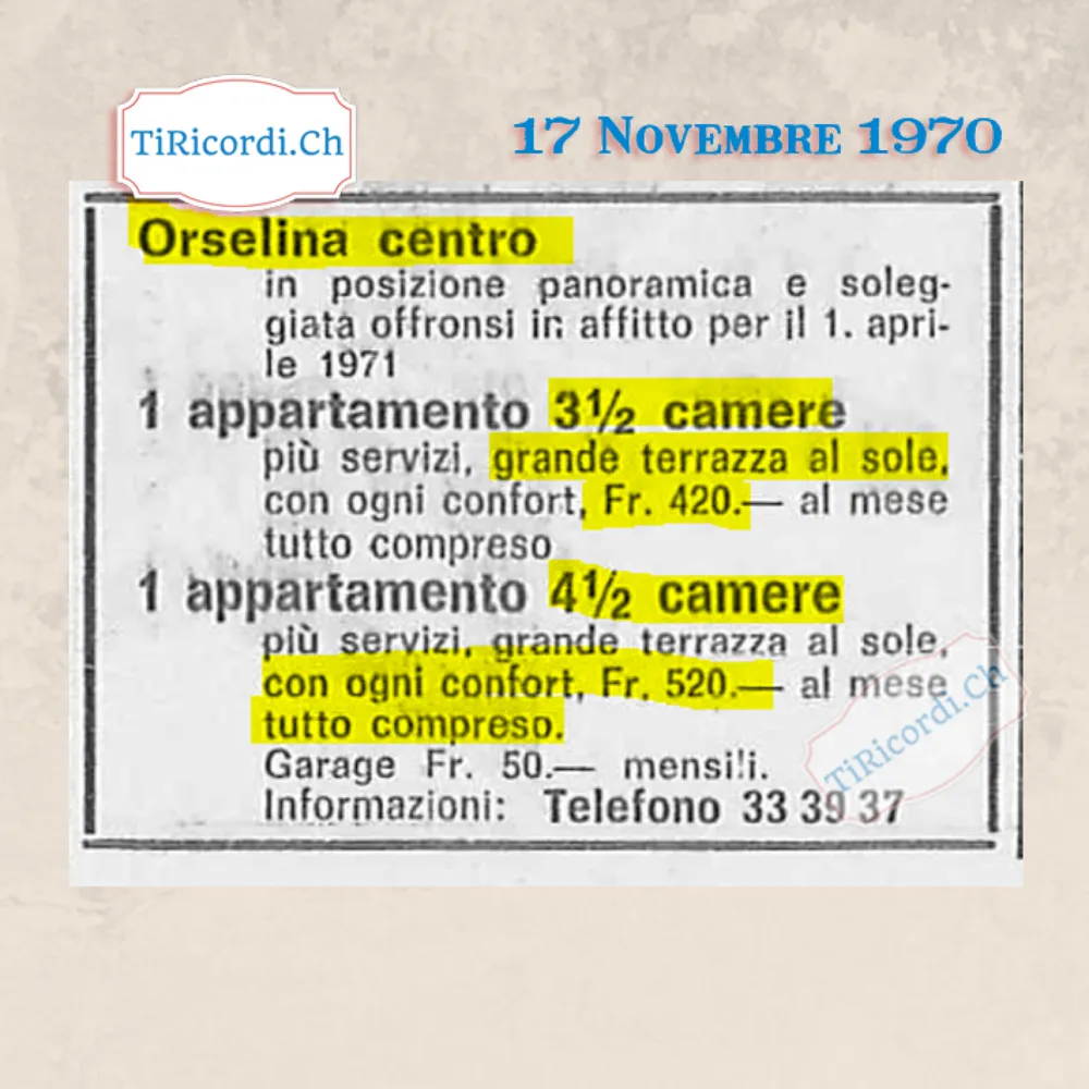 Orselina centro, in posizione panoramica e soleggiata: appartamento di 3 camere e mezzo con grande terrazza al sole a 420 franchi al mese tutto compreso, di 4 camere e mezzo a 520, garage 50, 1970