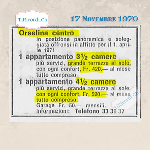 Orselina centro, in posizione panoramica e soleggiata: appartamento di 3 camere e mezzo con grande terrazza al sole a 420 franchi al mese tutto compreso, di 4 camere e mezzo a 520, garage 50, 1970