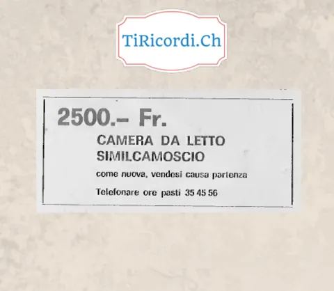 2500 franchi, camera da letto similcamoscio come nuova, vendesi causa partenza, telefonare ore pasti, 1978