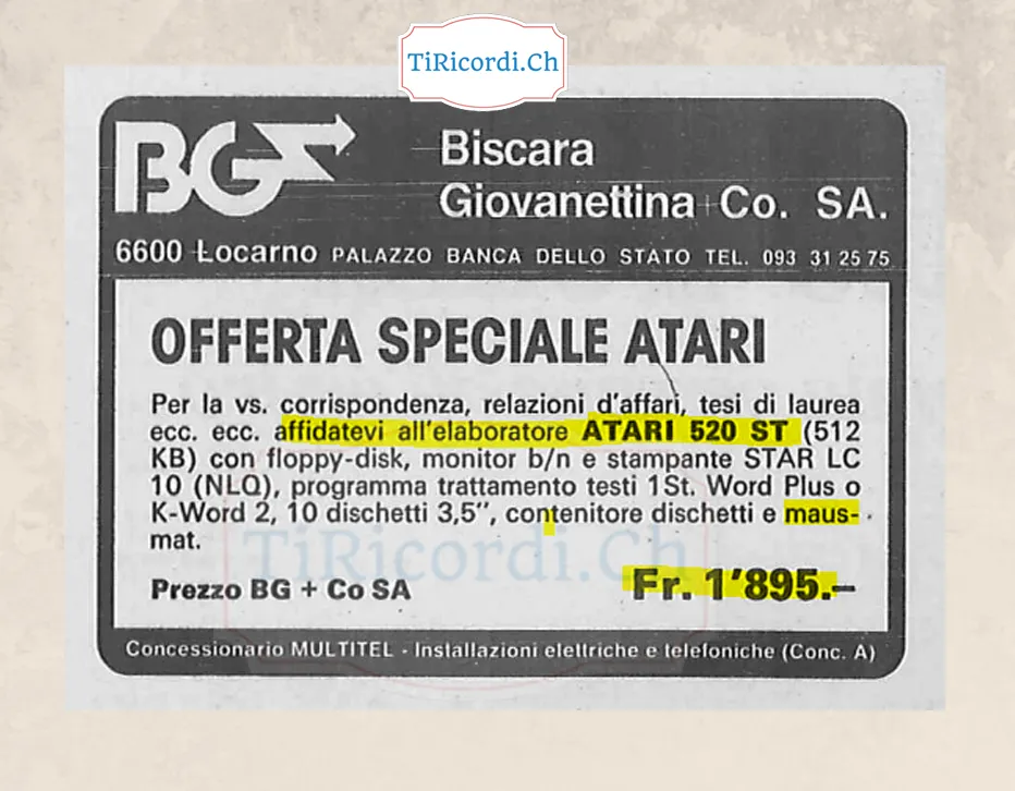 Offerta speciale Atari 520 ST con floppy, monitor, stampante e maus a 1895 franchi, Locarno 1988