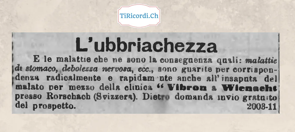 L'ubriachezza si guarisce per corrispondenza, anche all'insaputa del malato: clinica Vibron di Wienacht, 1908