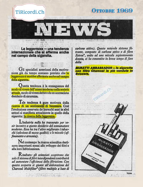La leggerezza, una tendenza internazionale che si afferma anche nel campo della sigaretta: Muratti Ambassador con filtro Charcoal, la più venduta in Svizzera, 1969