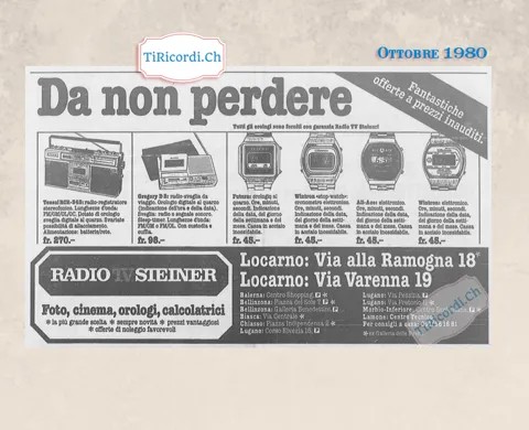Da non perdere, fantastiche offerte a prezzi inauditi di Radio TV Steiner: radioregistratore, radiosveglia e orologi al quarzo, ottobre 1980