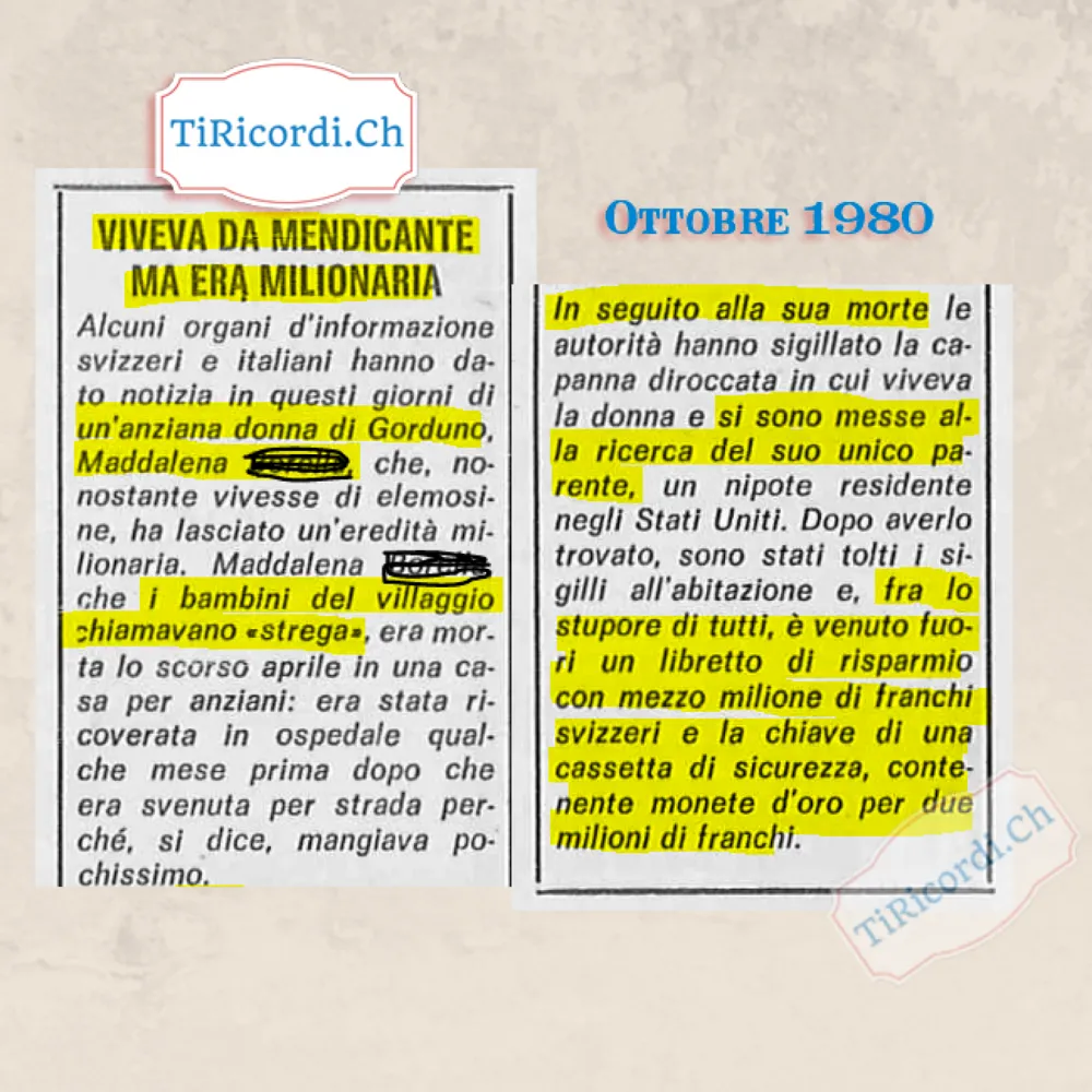 Viveva da mendicante ma era milionaria: la storia dell anziana di Gorduno che i bambini chiamavano strega, ottobre 1980
