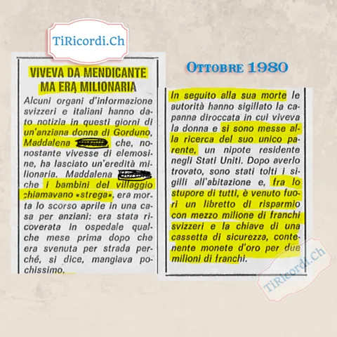 Viveva da mendicante ma era milionaria: la storia dell anziana di Gorduno che i bambini chiamavano strega, ottobre 1980