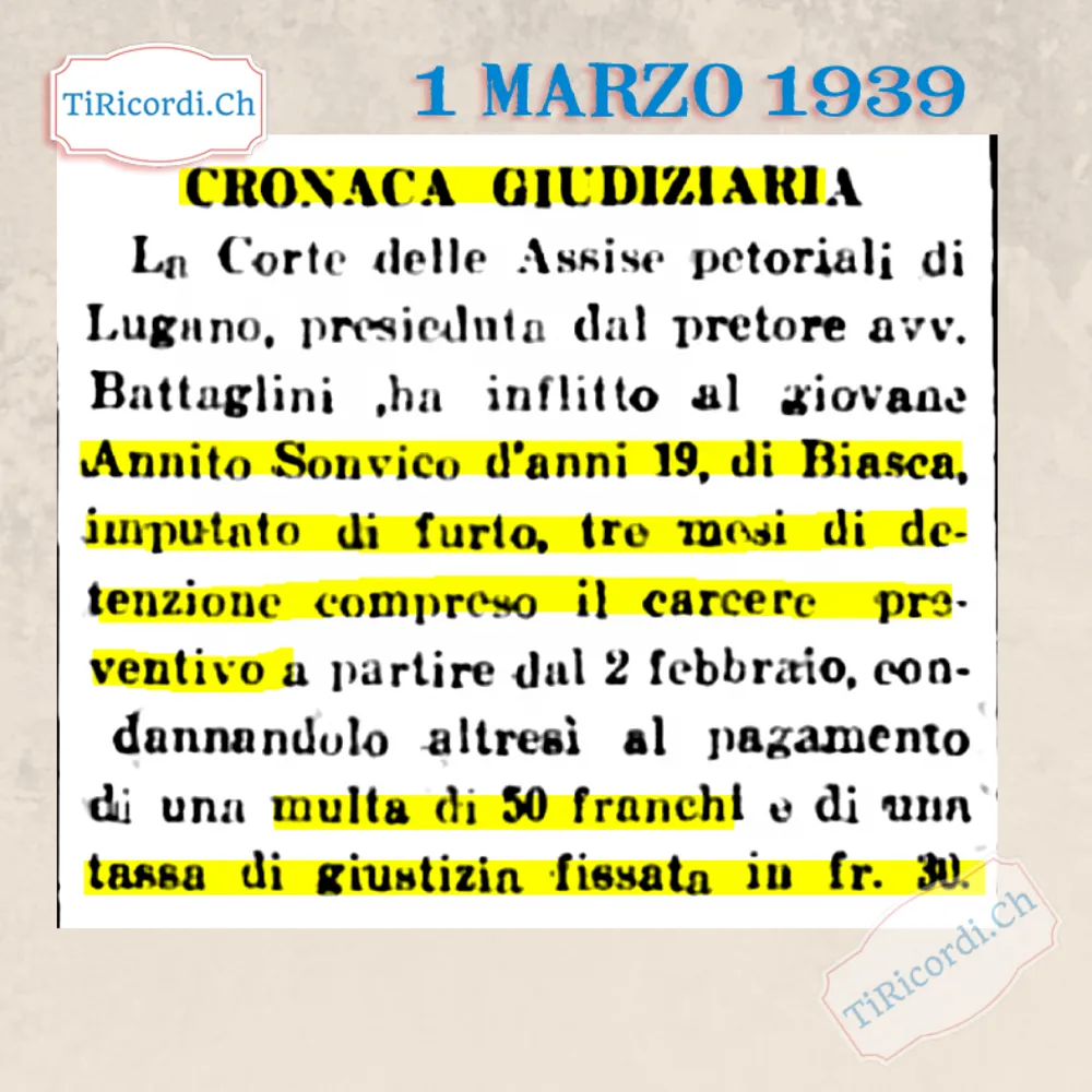 Cronaca giudiziaria: la Corte delle Assise pretoriali di Lugano infligge al diciannovenne Annito Sonvico di Biasca, imputato di furto, tre mesi di detenzione, 50 franchi di multa e 30 di tassa di giustizia, 1939