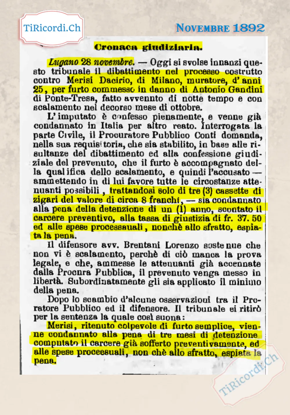 Tre mesi di carcere e sfratto per tre cassette di sigari da 8 franchi, Lugano 1892