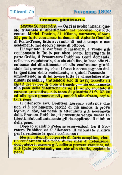 Tre mesi di carcere e sfratto per tre cassette di sigari da 8 franchi, Lugano 1892