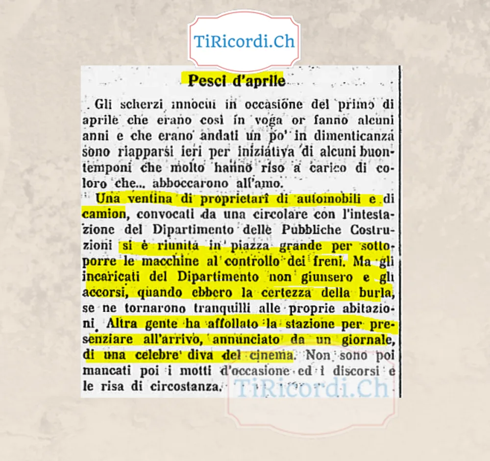 Pesci d'aprile: una ventina di proprietari di automobili convocati con una falsa circolare del Dipartimento si riunisce in piazza per il controllo dei freni, altri affollano la stazione per una diva del cinema, 1938