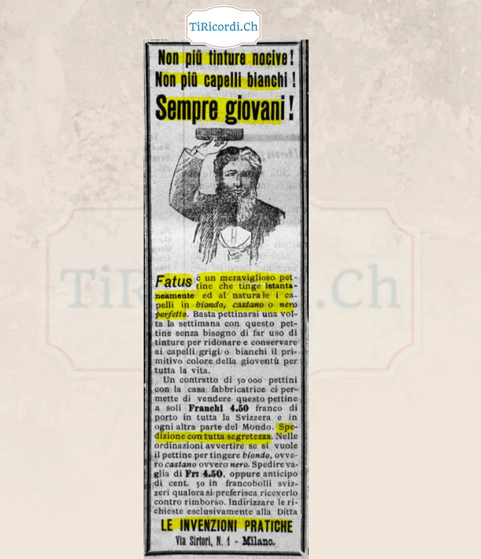 Fatus, il pettine che tinge i capelli in biondo, castano o nero: sempre giovani a 4,50 franchi, 1908
