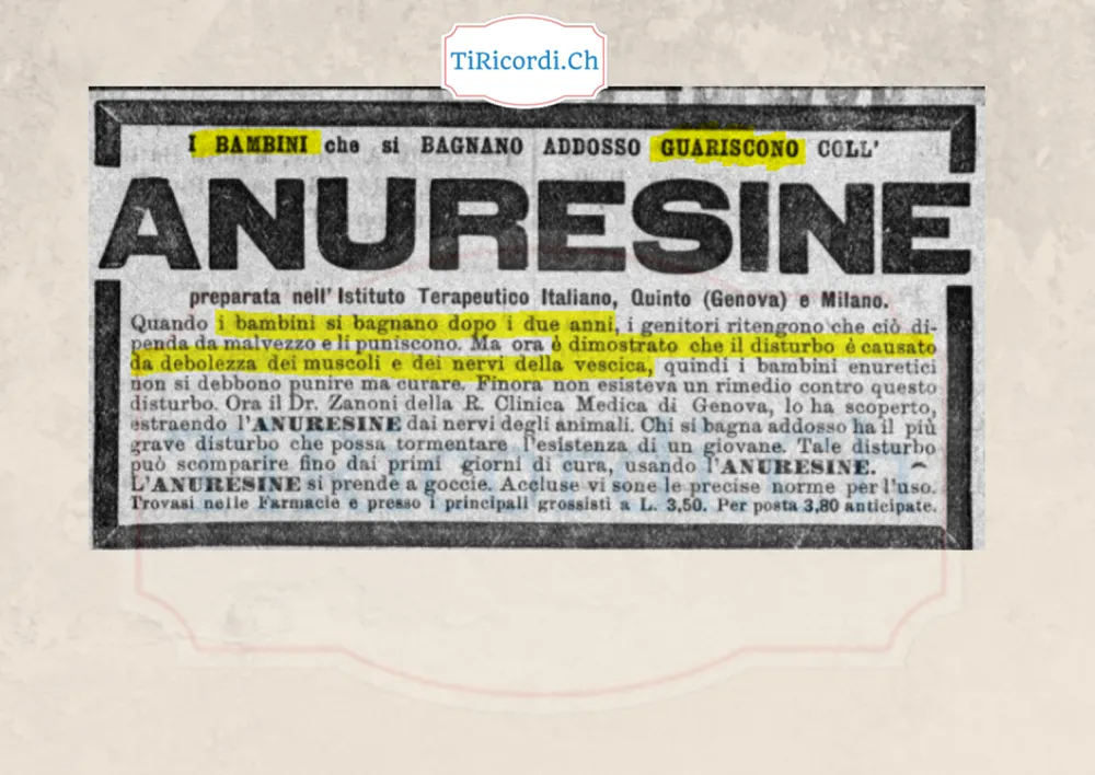 I bambini che si bagnano addosso guariscono con l'Anuresine: non punirli ma curarli, 3,50 lire, 1908
