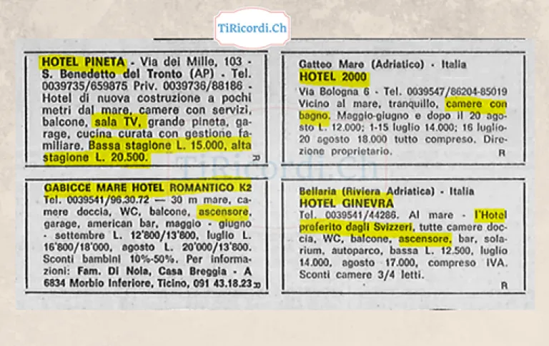 Annunci di alberghi adriatici sui giornali ticinesi: Hotel Pineta, Hotel 2000, Romantico K2, Hotel Ginevra, giugno 1980