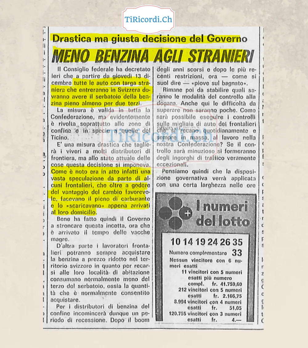 Meno benzina agli stranieri: dal 13 dicembre tutte le auto con targa straniera che entrano in Svizzera dovranno avere il serbatoio pieno almeno per due terzi, 1973