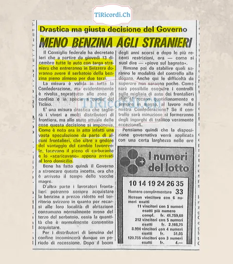 Meno benzina agli stranieri: dal 13 dicembre tutte le auto con targa straniera che entrano in Svizzera dovranno avere il serbatoio pieno almeno per due terzi, 1973