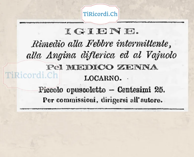 Il medico Zenna di Locarno vende il suo rimedio in opuscolo, 1878