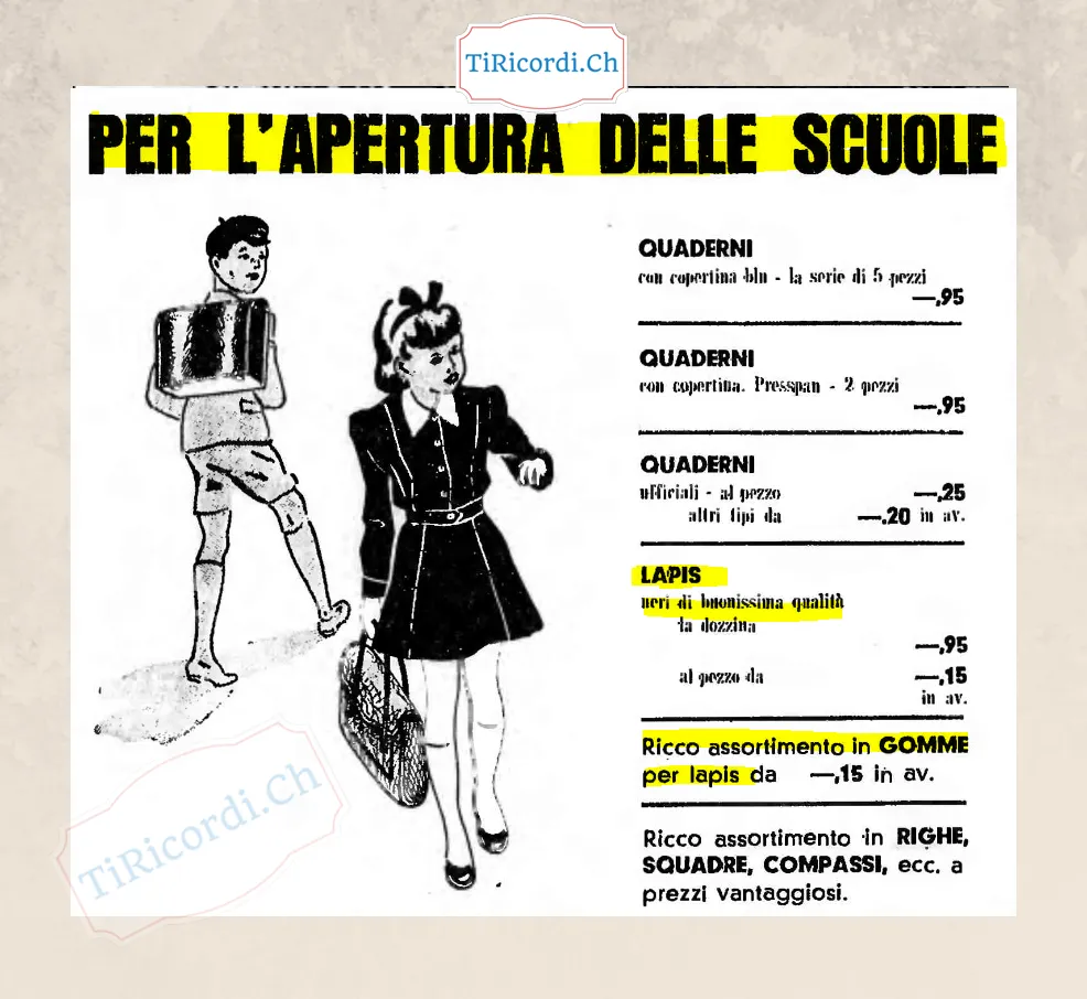 Per l'apertura delle scuole: cinque quaderni a 95 centesimi, quaderni ufficiali 25 centesimi al pezzo, una dozzina di matite nere 95 centesimi, gomme da 15 centesimi, 1948