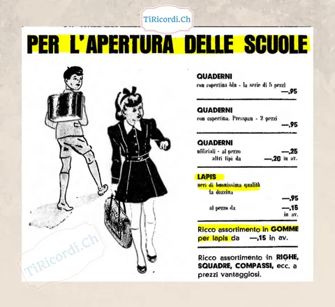 Per l'apertura delle scuole: cinque quaderni a 95 centesimi, quaderni ufficiali 25 centesimi al pezzo, una dozzina di matite nere 95 centesimi, gomme da 15 centesimi, 1948