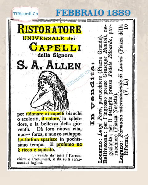Il Ristoratore dei capelli della signora Allen, in vendita dai parrucchieri di Locarno e Bellinzona, 1889