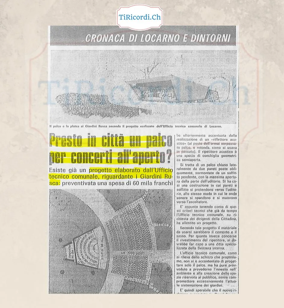 Presto in città un palco per concerti all'aperto? Esiste già un progetto dell'Ufficio tecnico comunale per i Giardini Rusca: preventivata una spesa di 60 mila franchi per 500 posti, 1978
