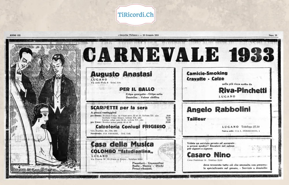 Carnevale 1933 sulla Gazzetta Ticinese: crêpe georgette per il ballo, scarpette da sera per donna da 9,50 franchi, camicie smoking, tailleur e il salone per signori e signore, 1933