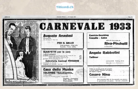 Carnevale 1933 sulla Gazzetta Ticinese: crêpe georgette per il ballo, scarpette da sera per donna da 9,50 franchi, camicie smoking, tailleur e il salone per signori e signore, 1933