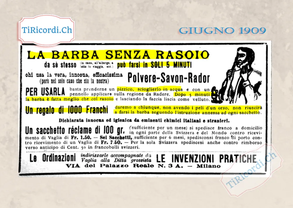 La barba senza rasoio in soli 5 minuti con la Polvere-Savon-Rador, e 1000 franchi a chi non ci riesce, 1909