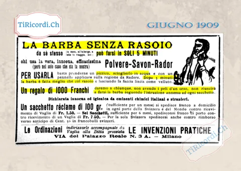 La barba senza rasoio in soli 5 minuti con la Polvere-Savon-Rador, e 1000 franchi a chi non ci riesce, 1909