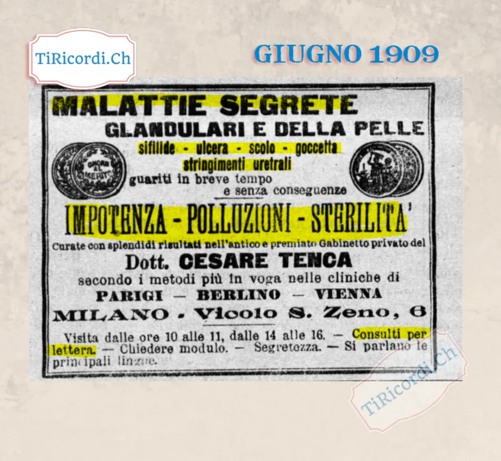 Malattie segrete, impotenza, polluzioni, sterilità: il gabinetto privato del dottor Cesare Tenca a Milano, consulti per lettera, 1909