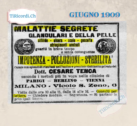 Malattie segrete, impotenza, polluzioni, sterilità: il gabinetto privato del dottor Cesare Tenca a Milano, consulti per lettera, 1909