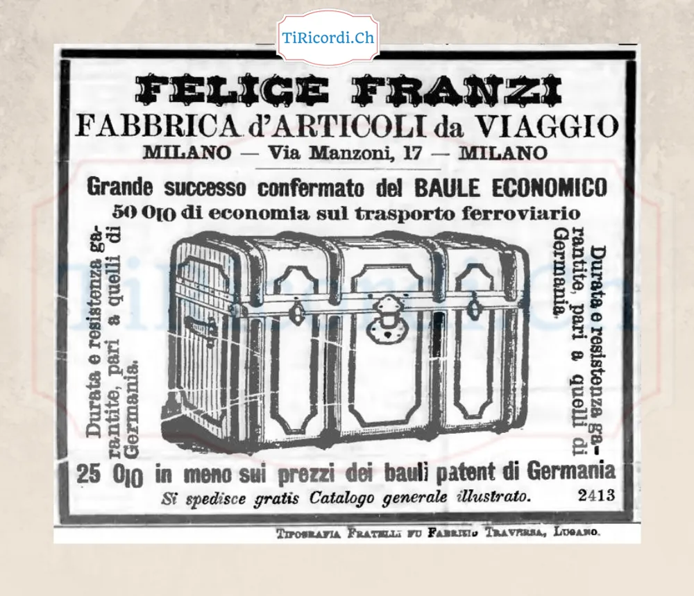 Il baule economico Franzi di Milano: 50 per cento di risparmio sul trasporto ferroviario, 1898