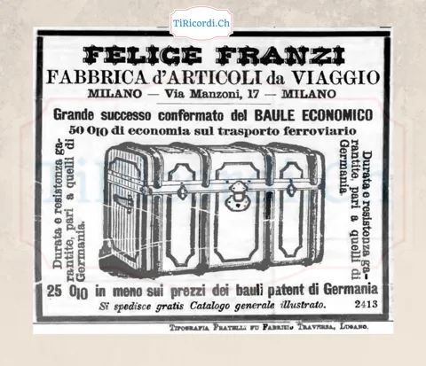 Il baule economico Franzi di Milano: 50 per cento di risparmio sul trasporto ferroviario, 1898